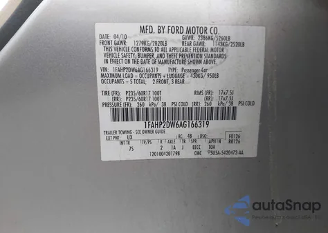 2010 Ford Taurus Se z USA, uszkodzony, nr VIN 1FAHP2DW6AG166319